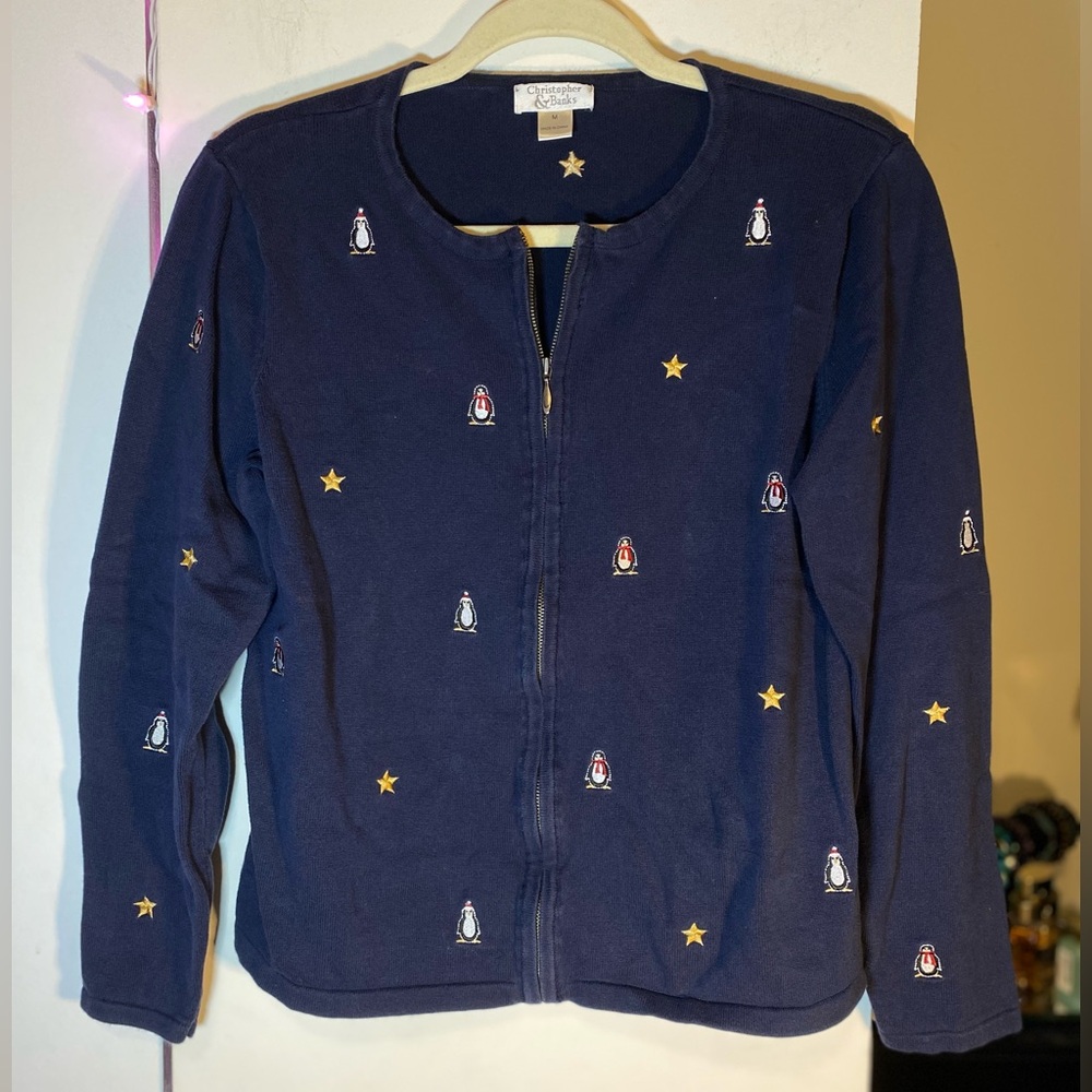 Christopher & Banks Navy Blue Embroidered Full-Zip Penguin Cardigan Medium
